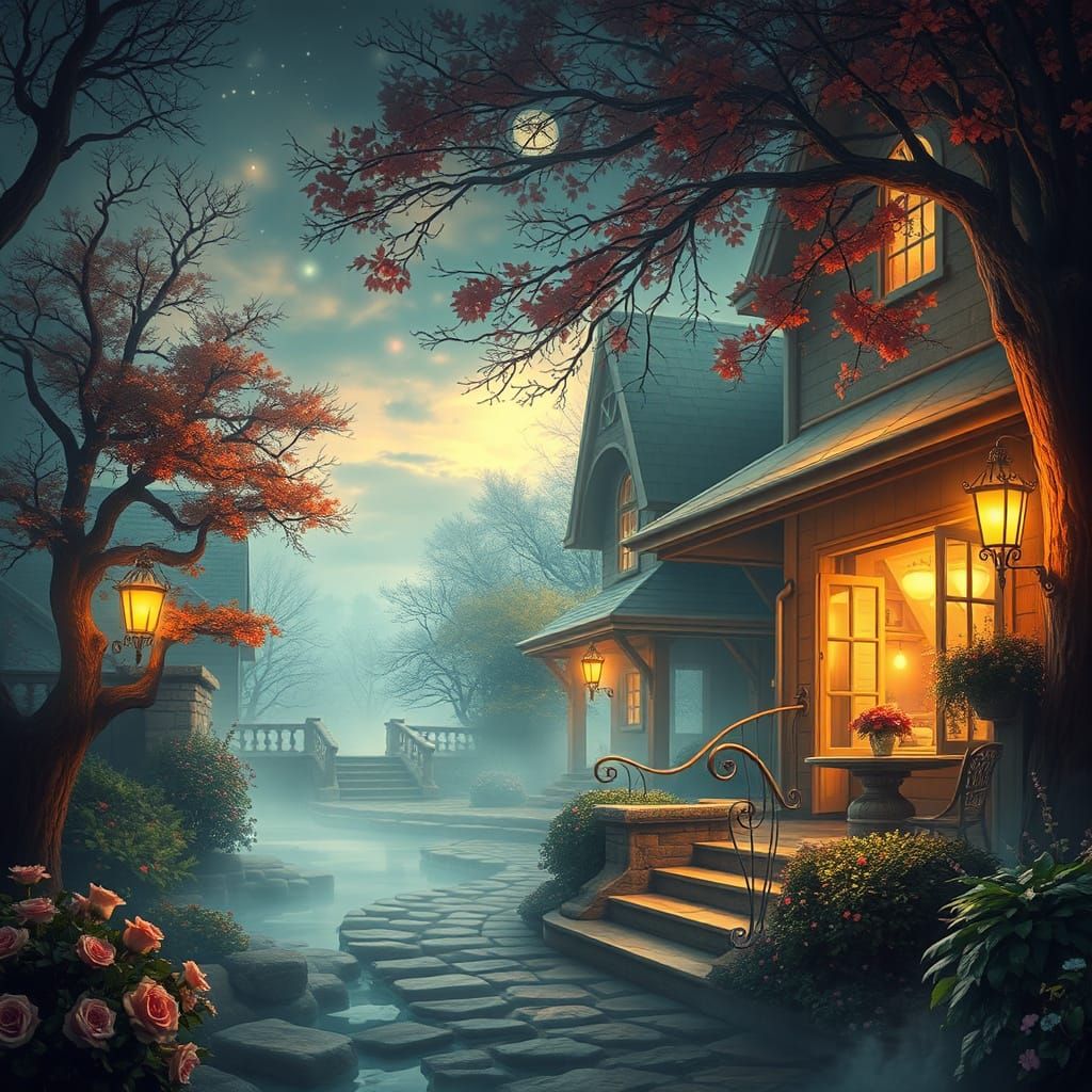 Ethereal Night Scene in a Mystical Hollow