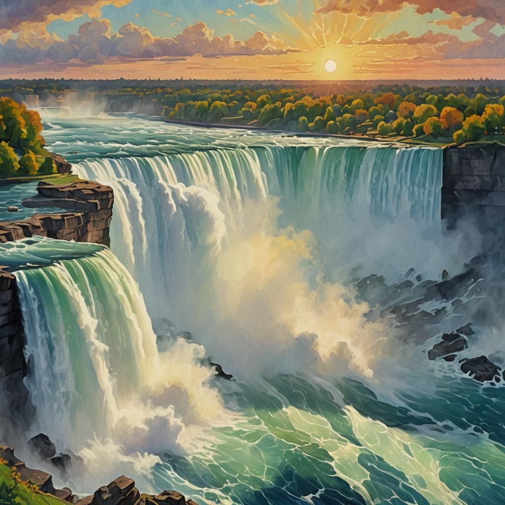 Niagara Falls Sunrise in Gouache Watercolor Style
