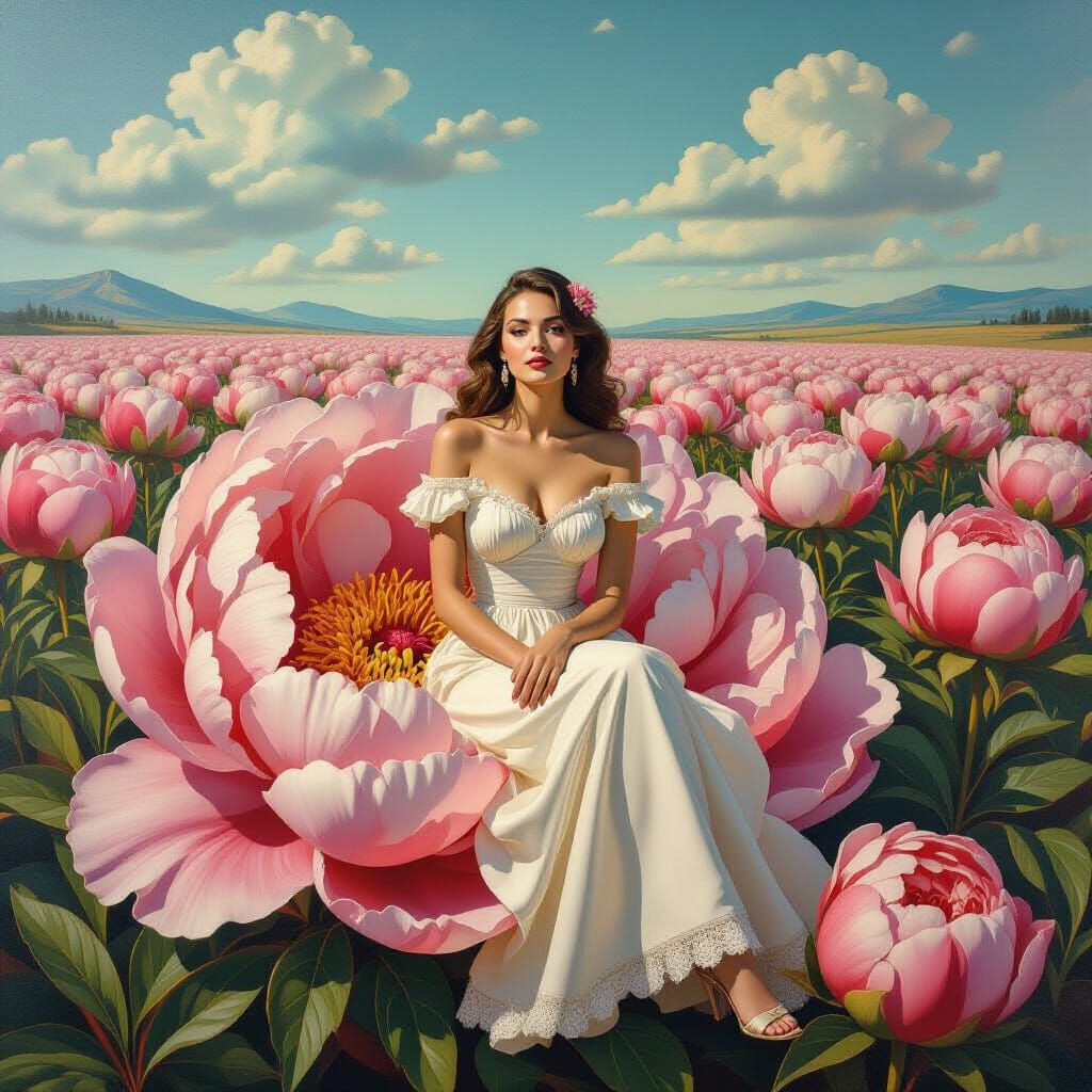Surreal Peony Garden Guardian as Oil Painting