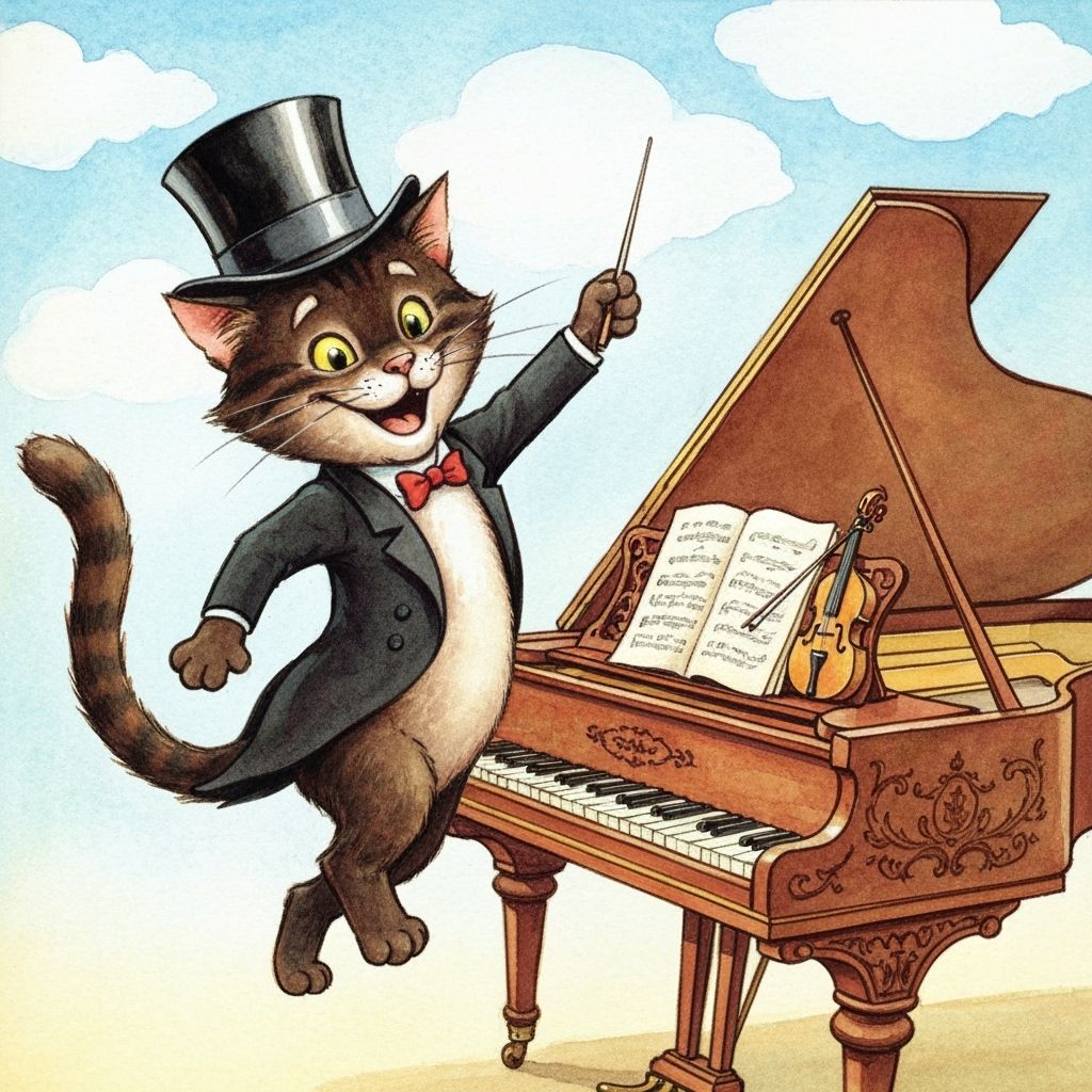 Whimsical Cat Conductor Watercolor Illustration