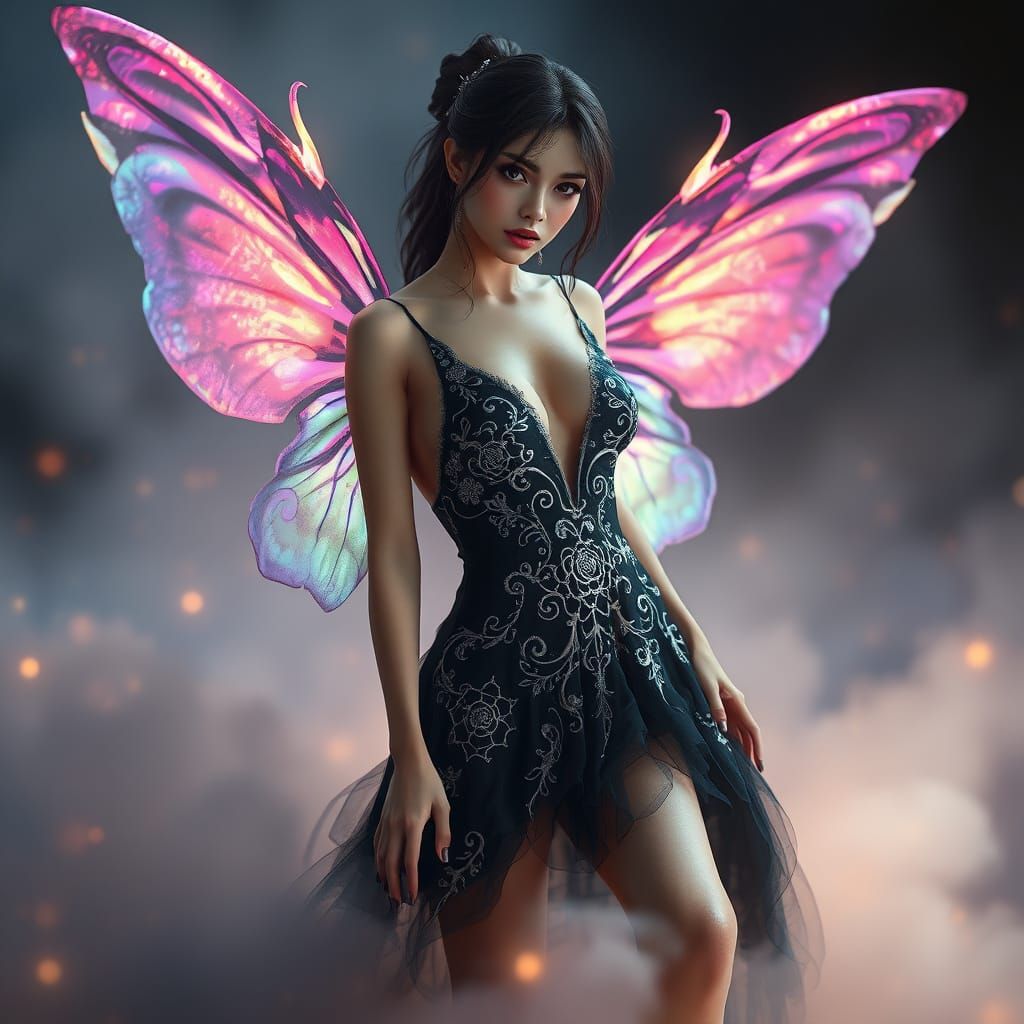 Gothic Fairy in Shimmering Gown Poses Amidst Misty Atmospher...