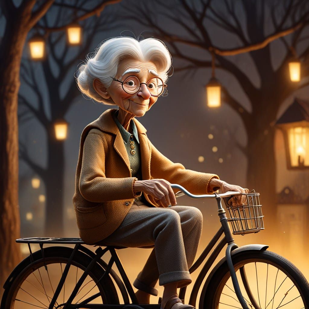Grandmother on Vintage Bicycle in Storybook Style
