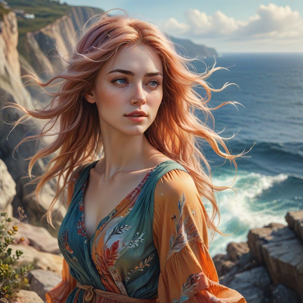 Watercolor Portrait of Woman by the Sea