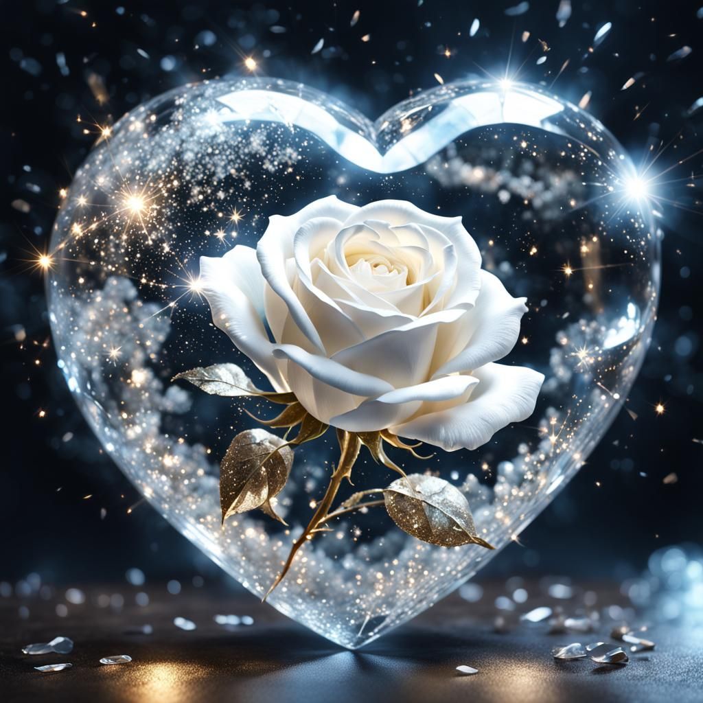 Crystal Heart with White Rose: CGI Fine Art