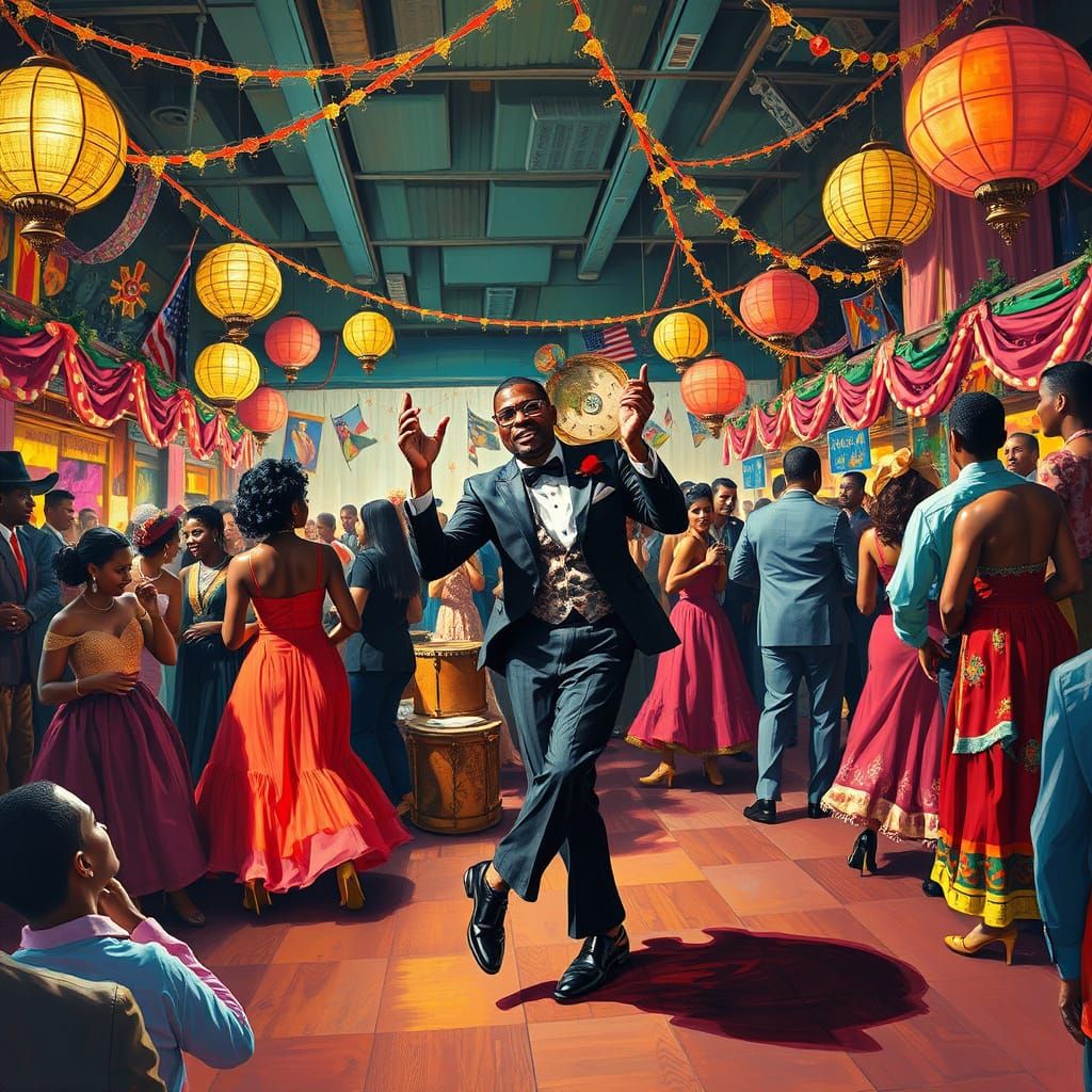 Vibrant Zydeco Dancer in 1950s-Inspired Dance Hall