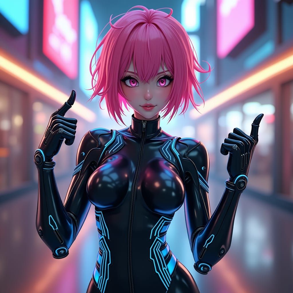 Winking Cyborg Girl in Neon Cityscape, Anime Style