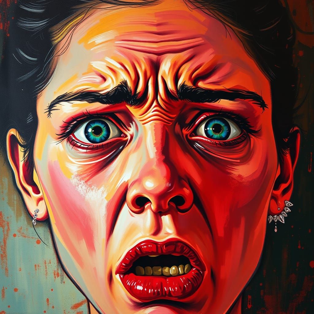 Frightened Woman's Distorted Face in Expressive Style