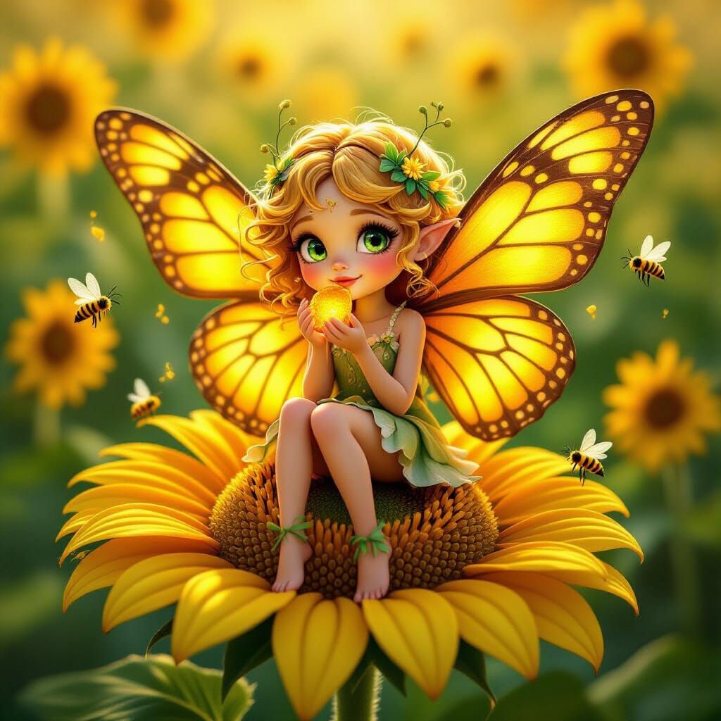 Butterfly Girl Embodies Summer Day on Sunflower, Golden Hour