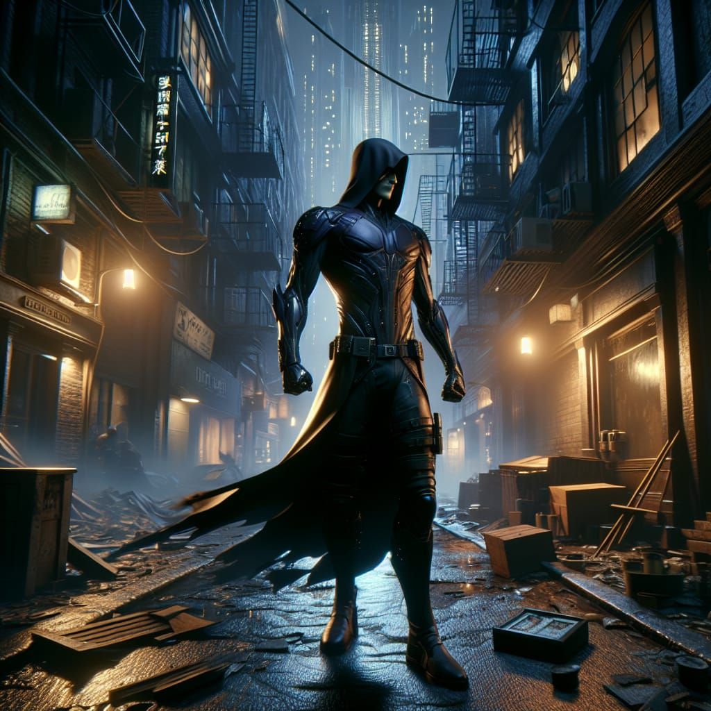 Dark Superhero in Gritty City Alley: 3D Anime Art