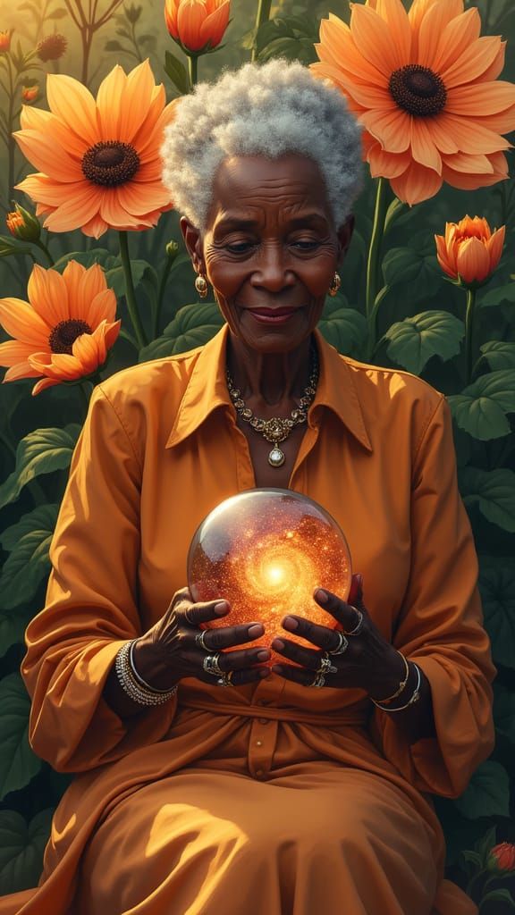 Wise Woman Amidst Flowers Holding Galaxy Orb