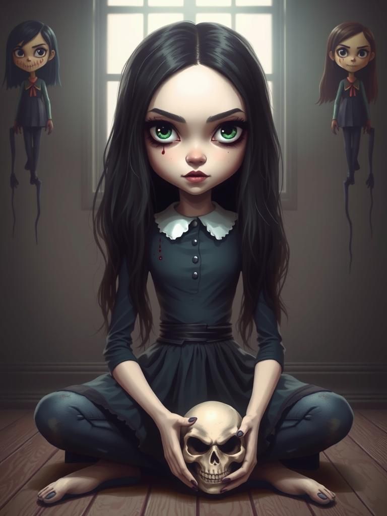 Creepy Girl with Skull in Cartoon Horror Style