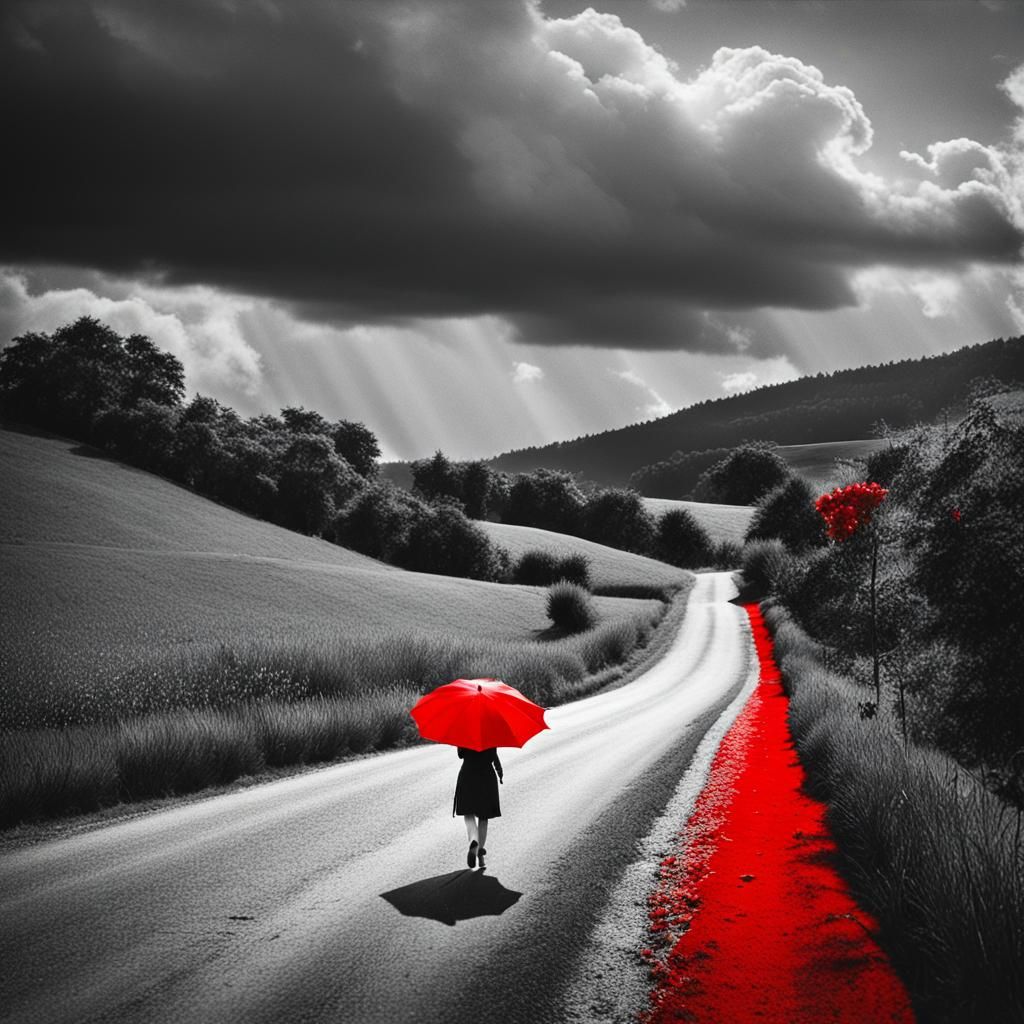 Vibrant Umbrella on Black and White Road