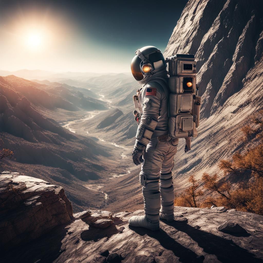 Astronaut on Alien Planet Overlooking Valley