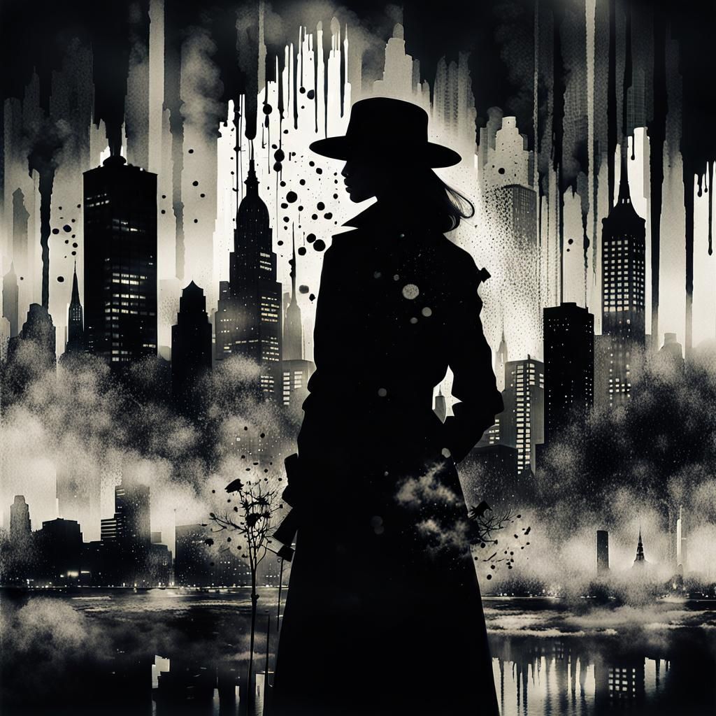 Surreal Cityscape: Woman in Fedora, Film Noir Style