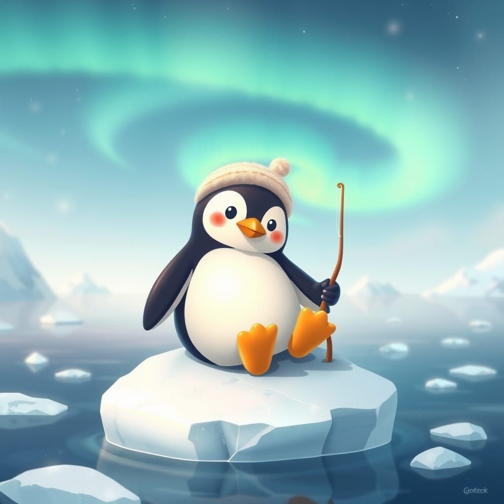 Kawaii Penguin Fishing Under Northern Lights