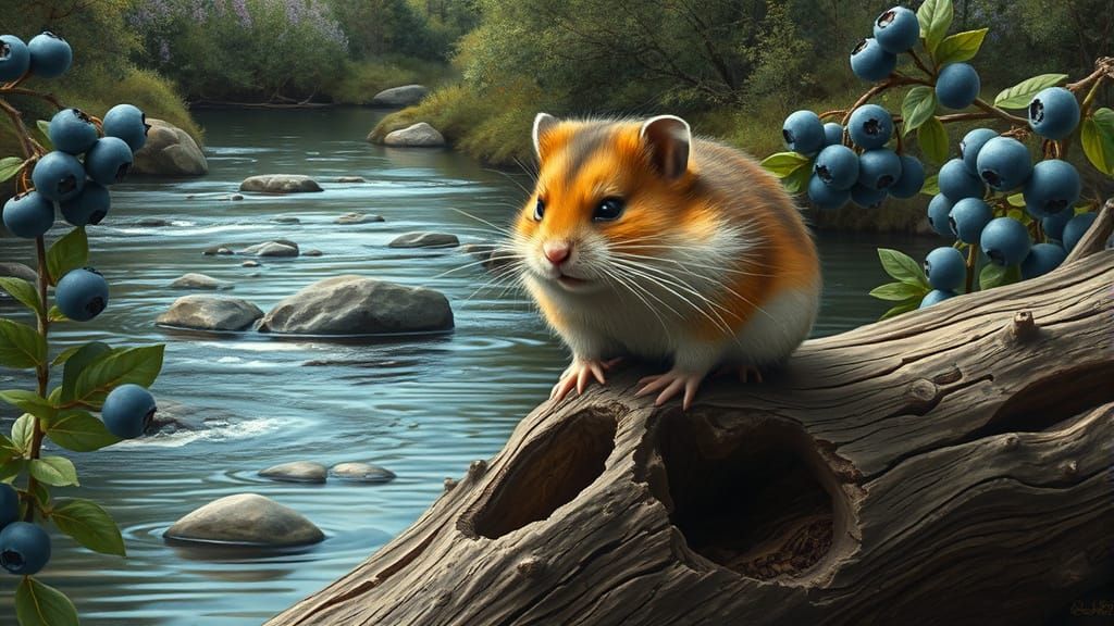 Grumpy Hamster in Surreal Blueberry Landscape