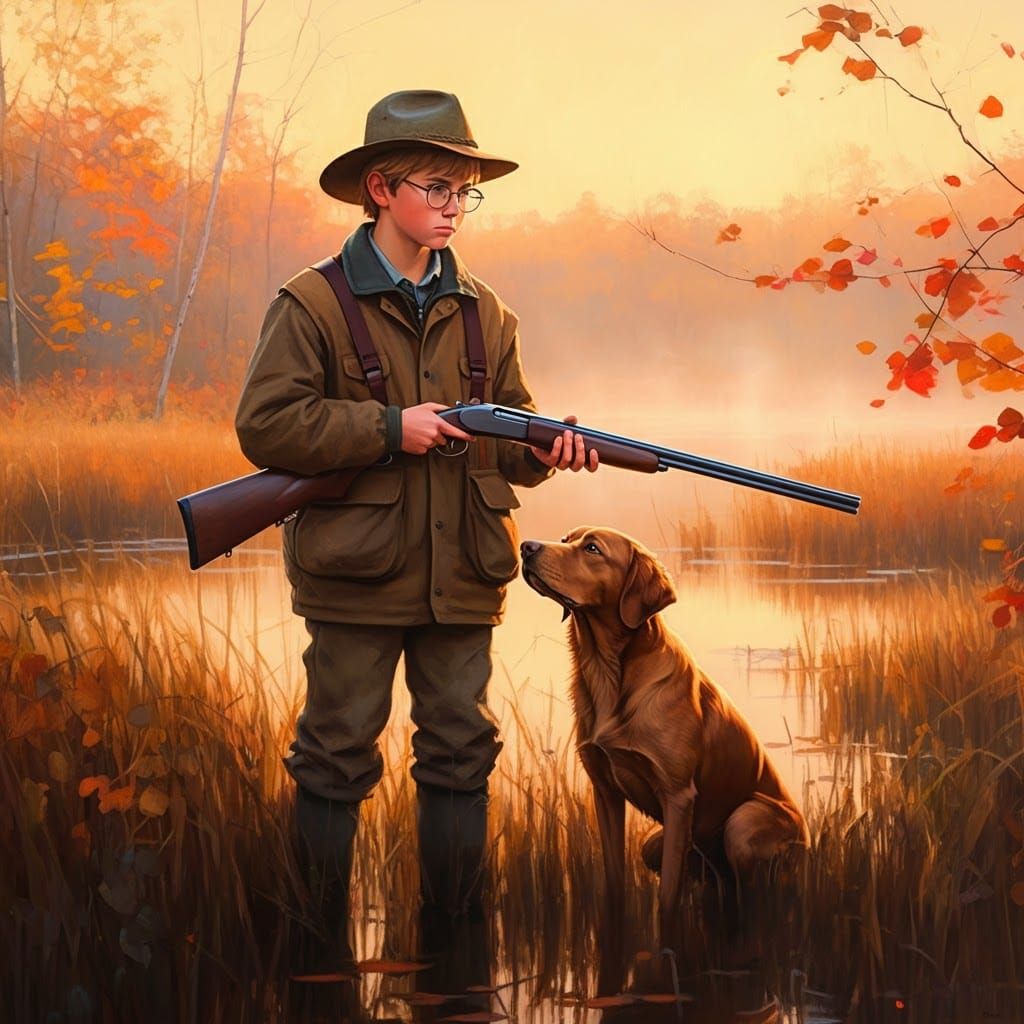 Hunter and Dog in Autumnal Marsh