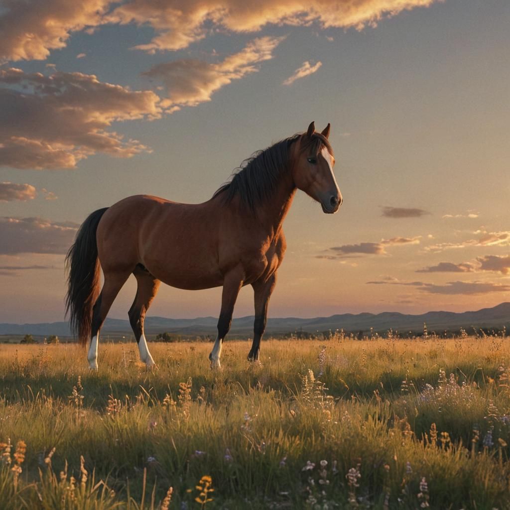 A Majestic Horse Stands Alone in a Golden Sunset Plain in Ci...