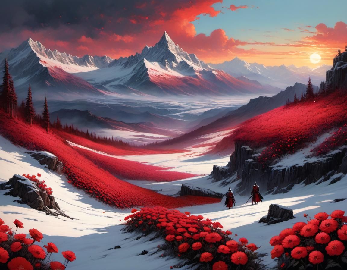 Crossing the red flowers snowfield