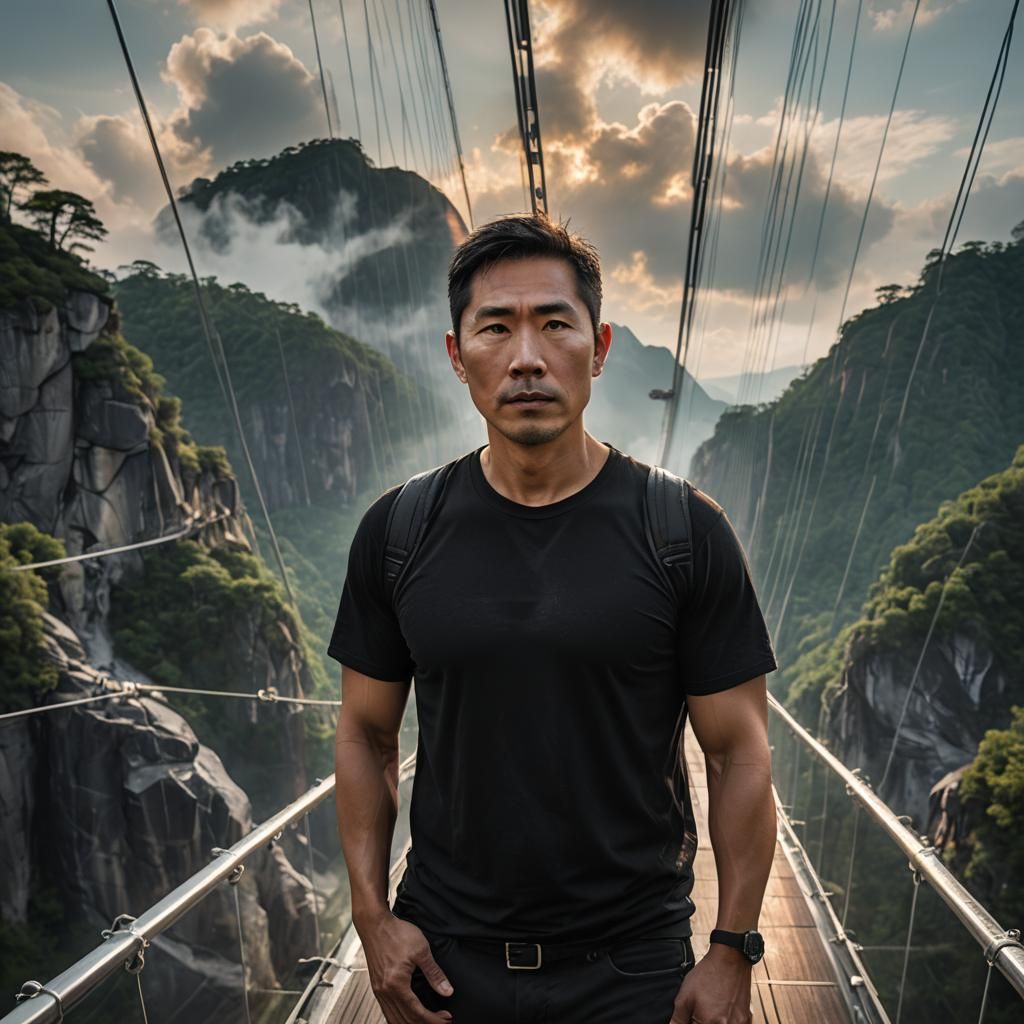 Apocalyptic Man on Glass Bridge in Cinematic Style