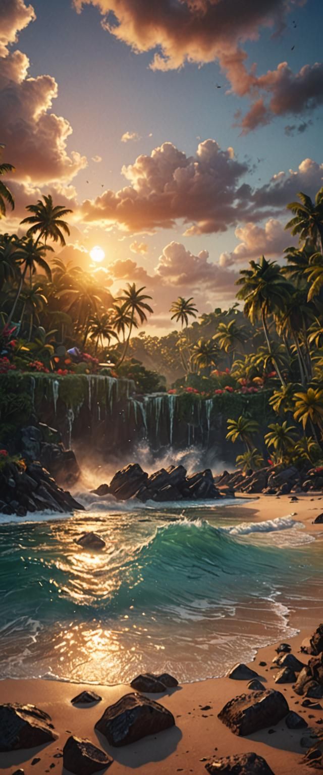 Tropical Beach Sunset in Detailed Digital Painting