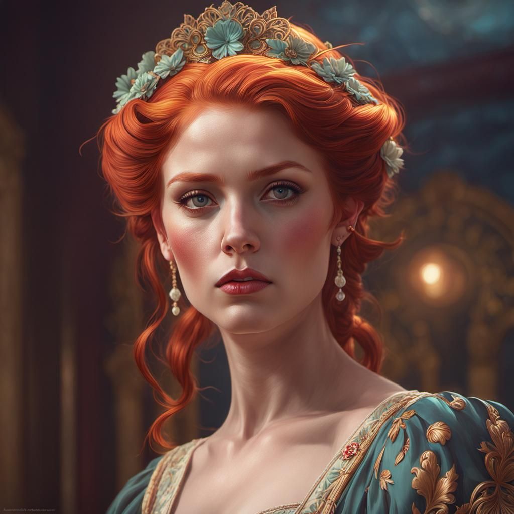 Redhead in Vintage Dress: Hyperdetailed Art Portrait