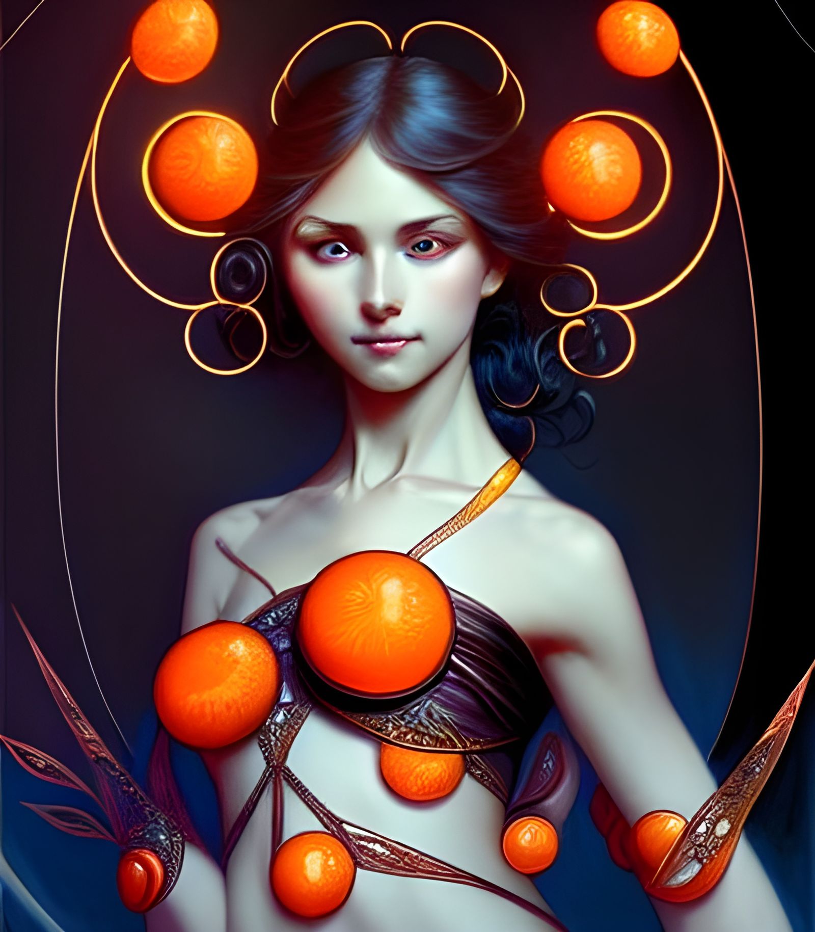 Elegant Fantasy Character with Orange Circles