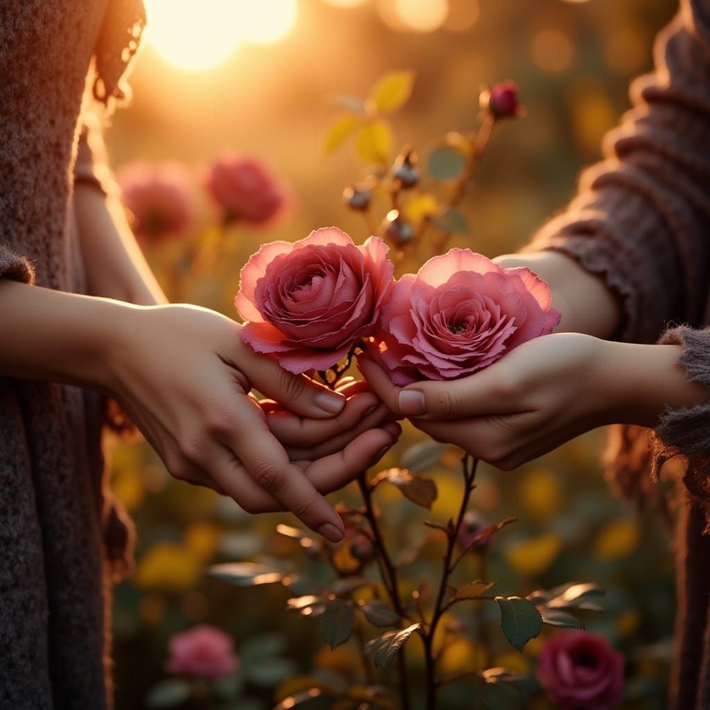 Two Hands Grasping Faded Roses at Sunset