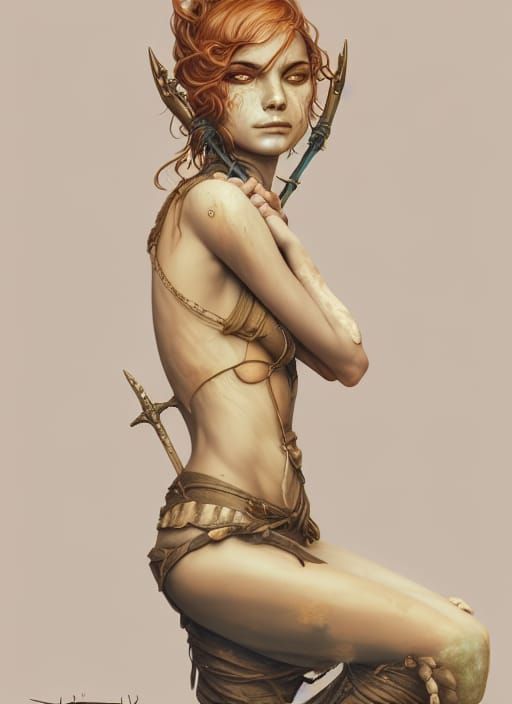 Pagan Girl Portrait in Ochre, Turquoise and Grey