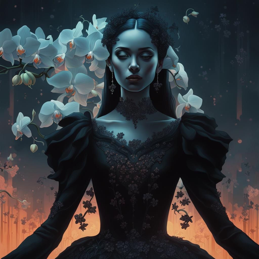 Ethereal Woman in Black Gown: Dark Fantasy Concept Art