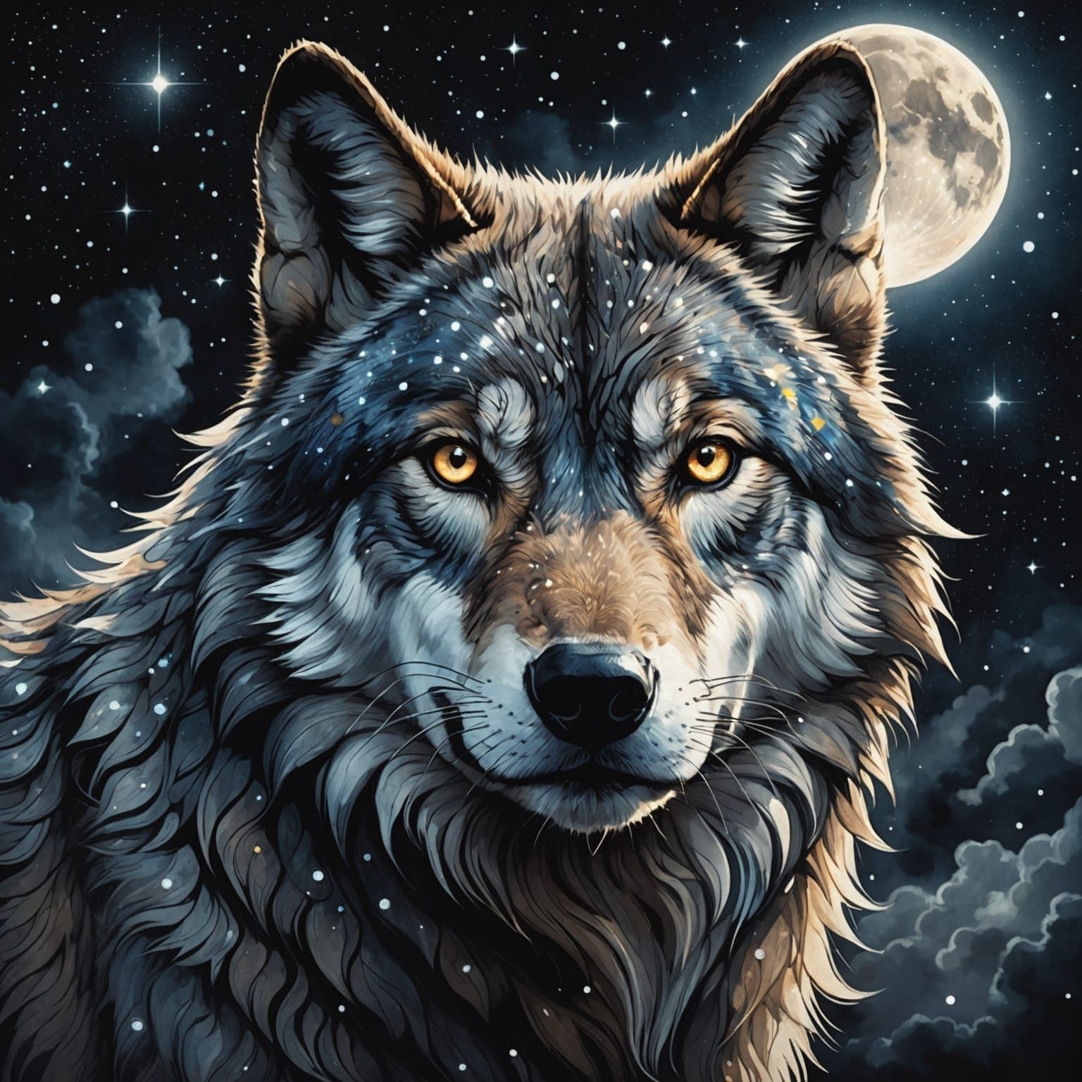 Wolf Face Merging with Starry Night Sky in Anime Style