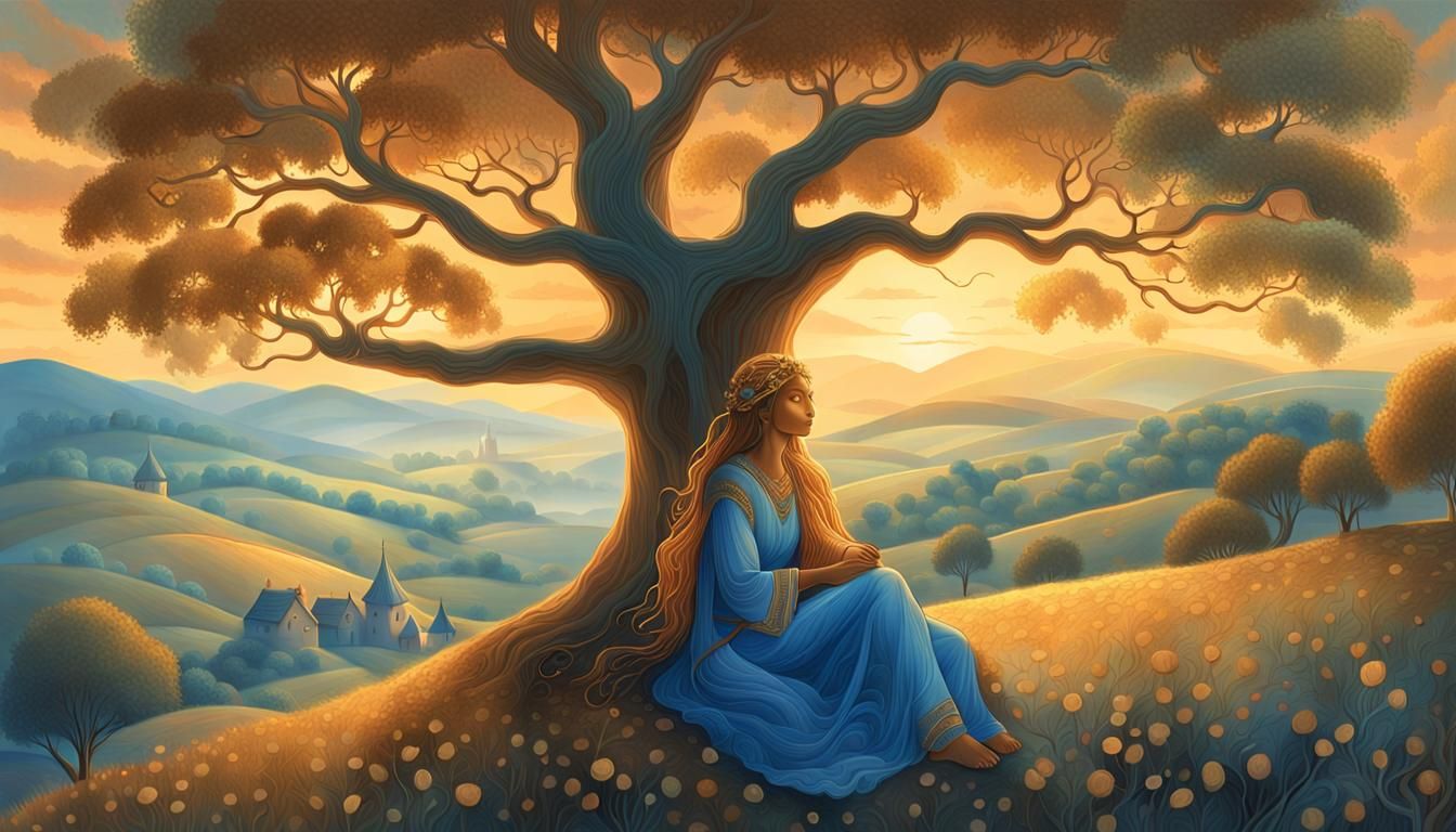 Mythical Woman in Dreamlike Village Landscape