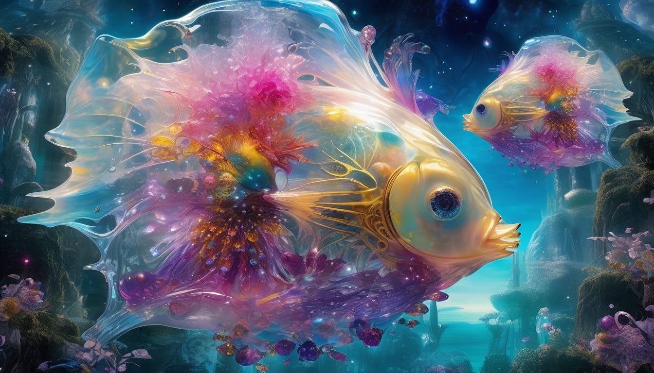 Surreal Glass Blowfish Paradise in Cosmic Dreamscape