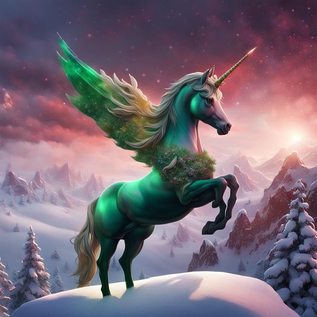 Christmas Unicorn on Snowy Mountain, Digital Art