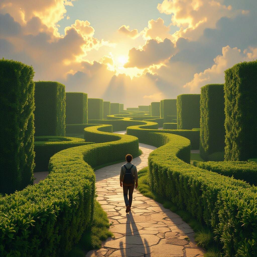 Surreal Hedge Labyrinth Journey in Dreamlike Style