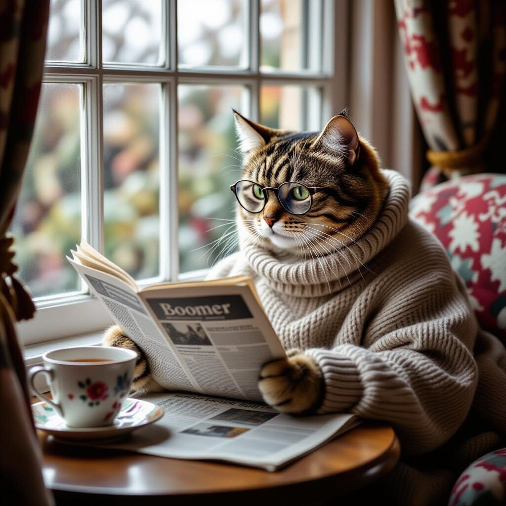Boomer Cat Reading Newspaper in Cozy Home