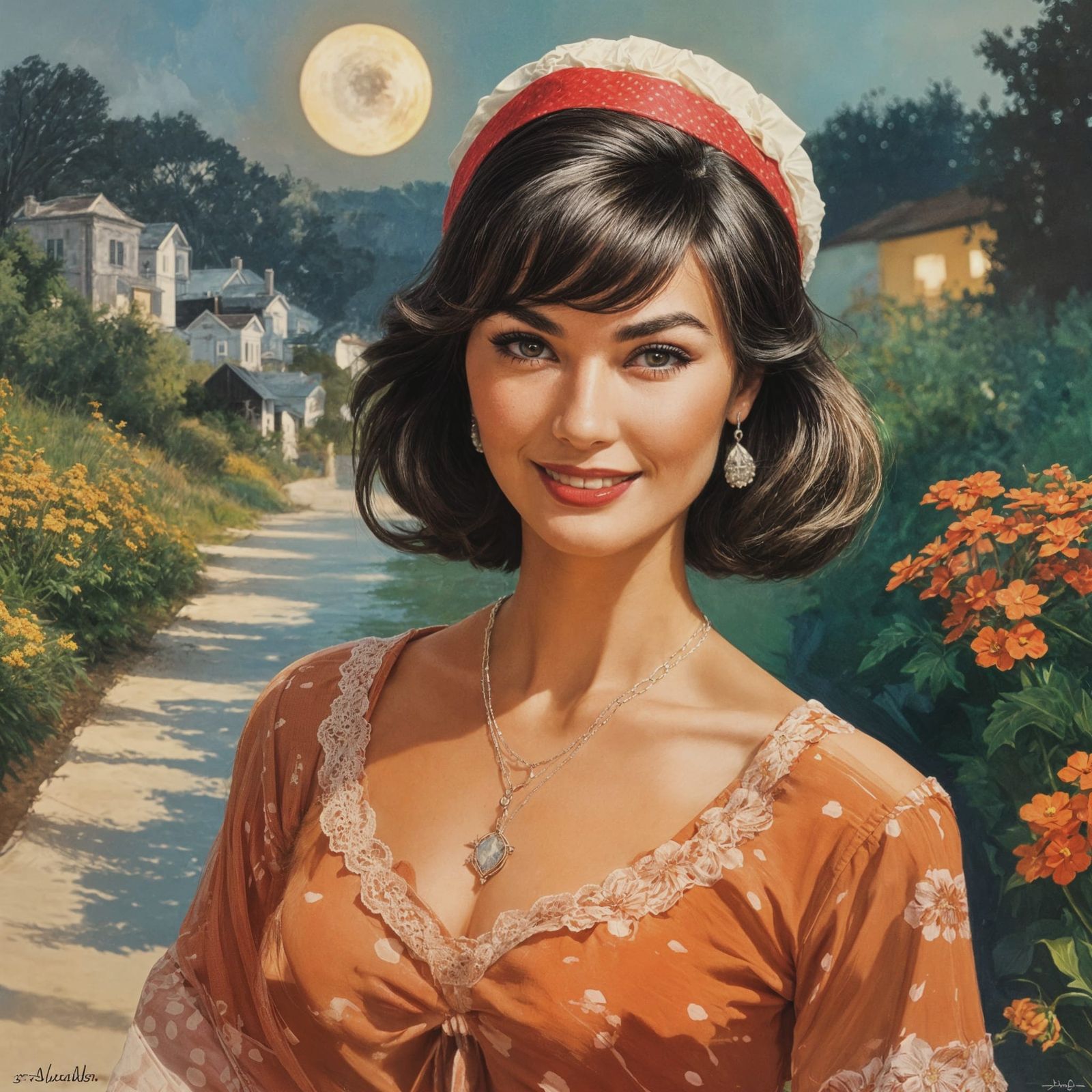 Impressionist Portrait of Smiling Woman with Moon Necklace