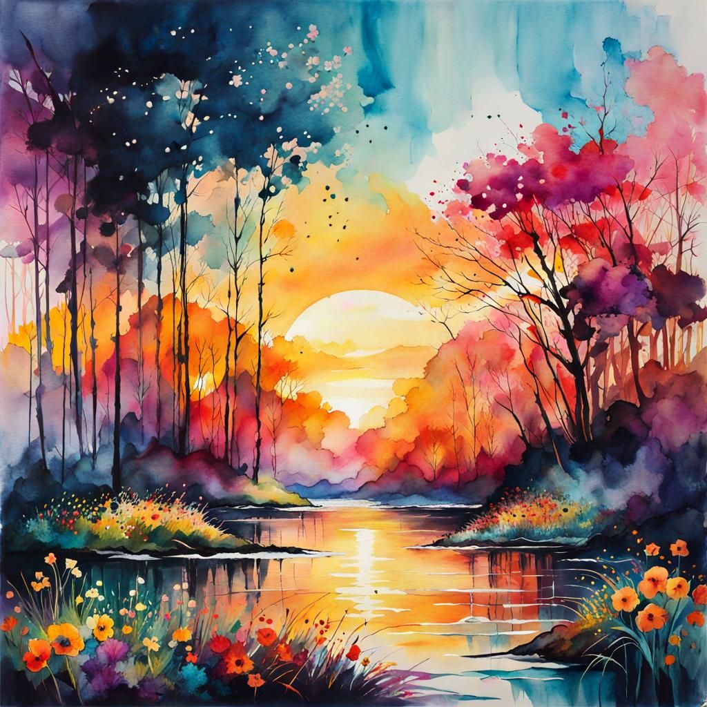 Beautiful Summerscape Sunset Digital Watercolor Painting