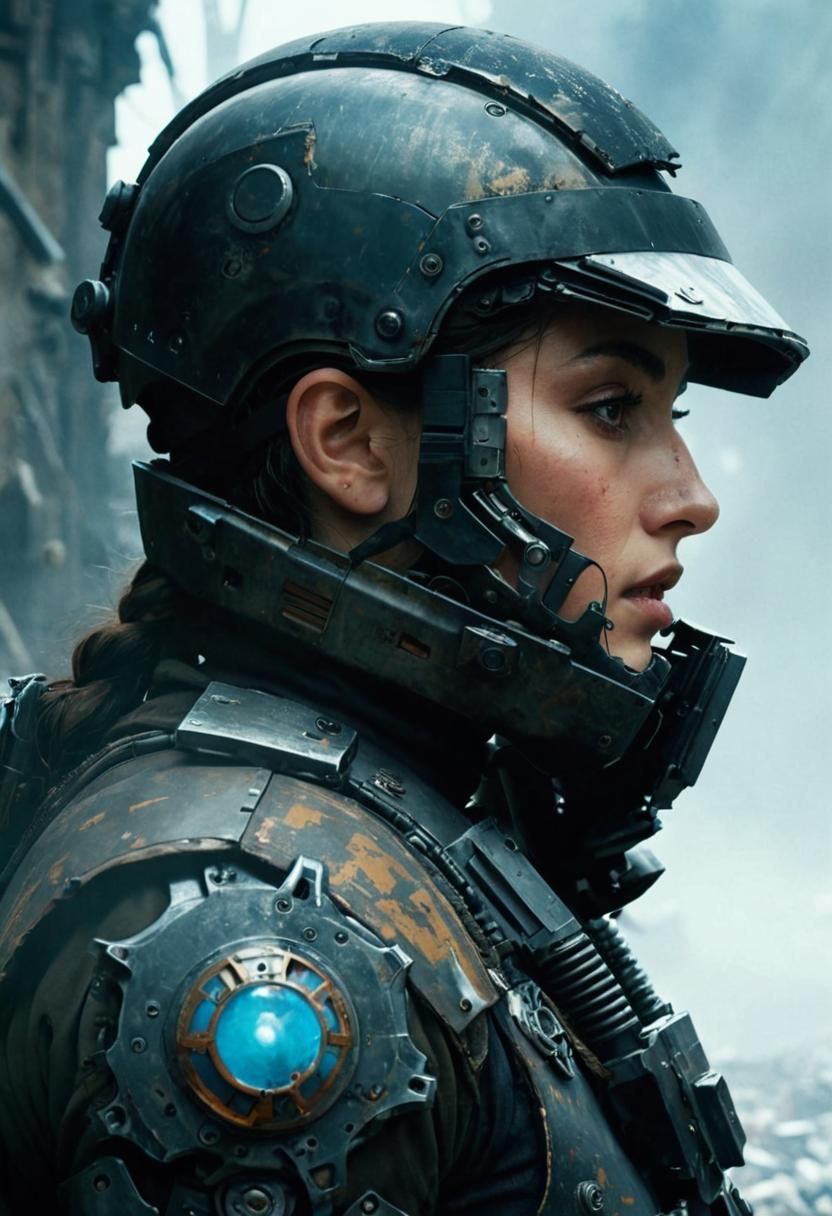 Cyborg Warrior in War-Torn Landscape: Cinematic Still