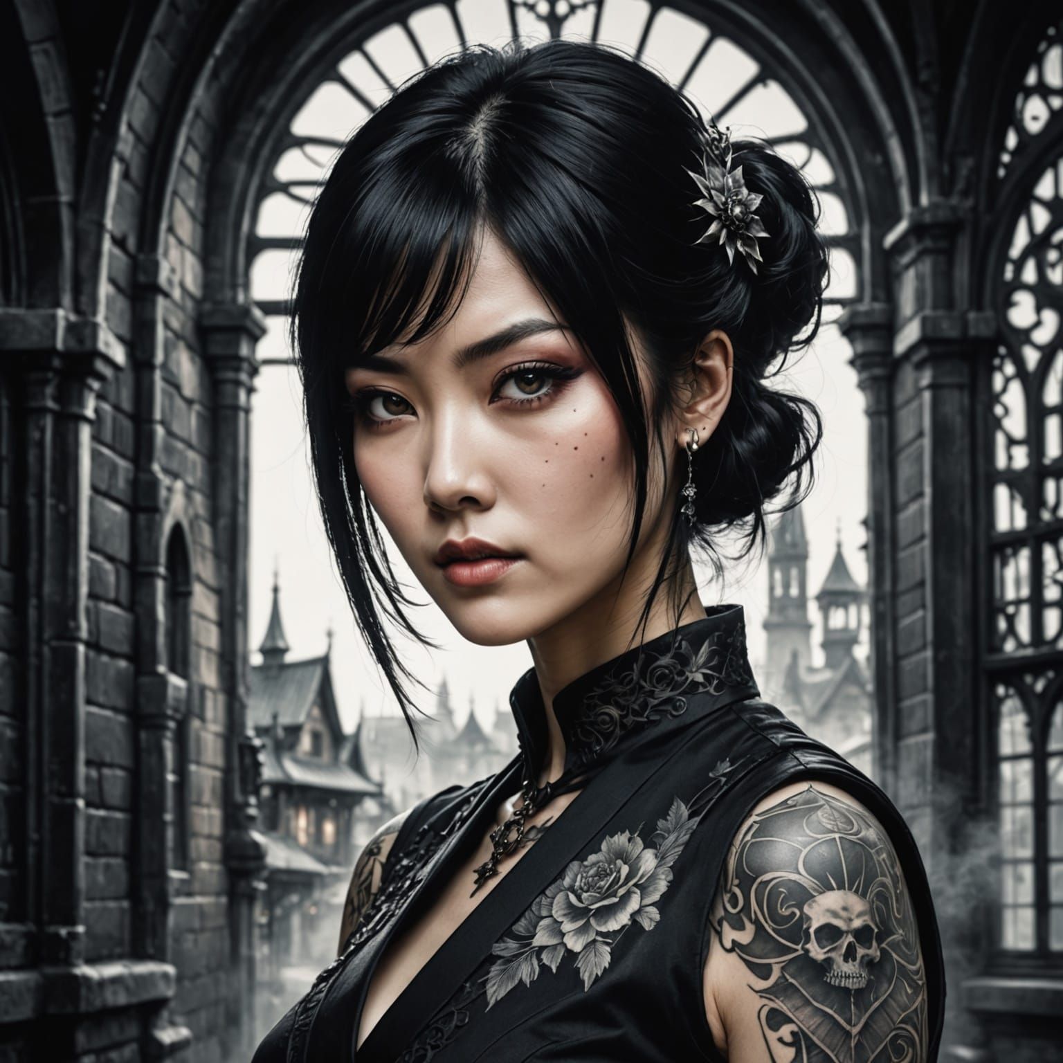 Gothic Japanese Woman in Monochromatic Shadows