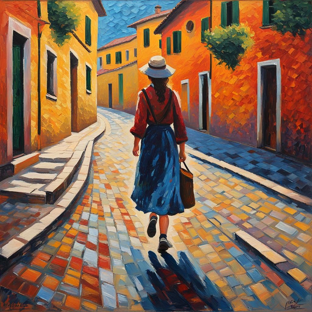 Girl Walking in Italy: Neo-Impressionist Oil Painting