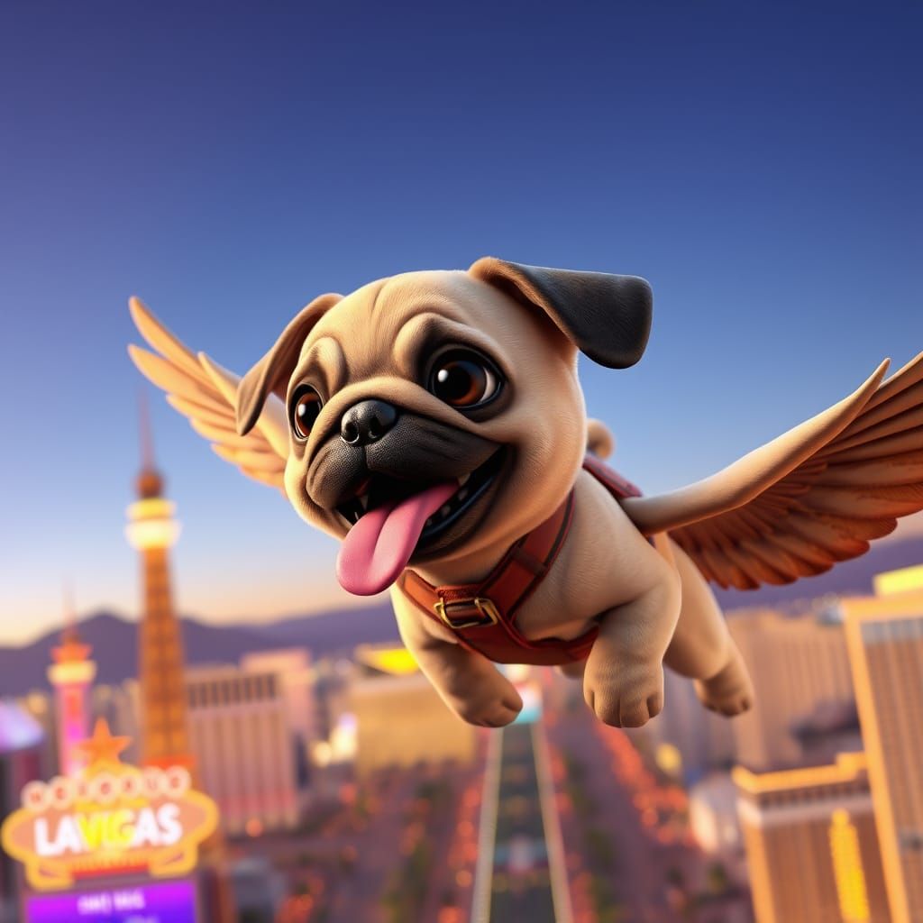 Pug Puppy Soars Over Las Vegas in 3D Animated Style
