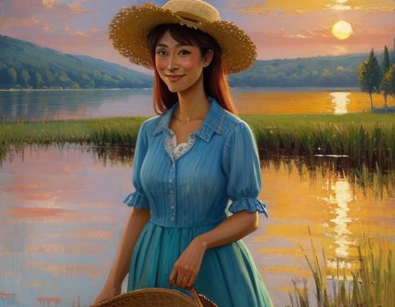 Impressionistic Woman in Straw Hat at Sunset