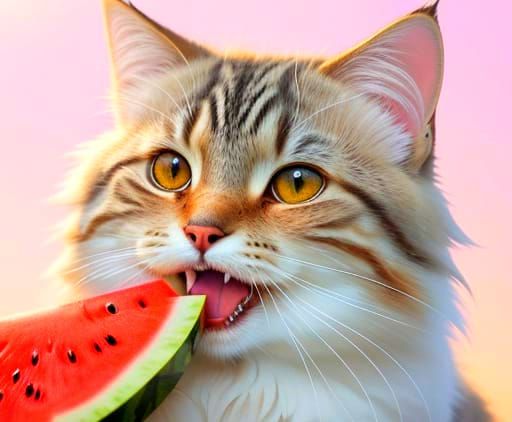 Cute Fluffy Tabby Cat Enjoys Watermelon