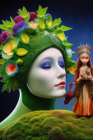 Detailed Elf Illustration with Birds and Flowers