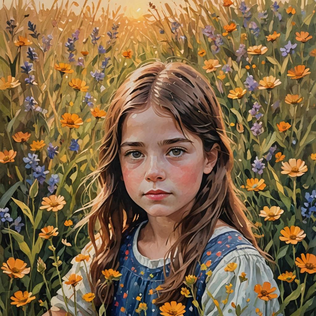 Girl in Flower Field: Gouache Impressionist Portrait