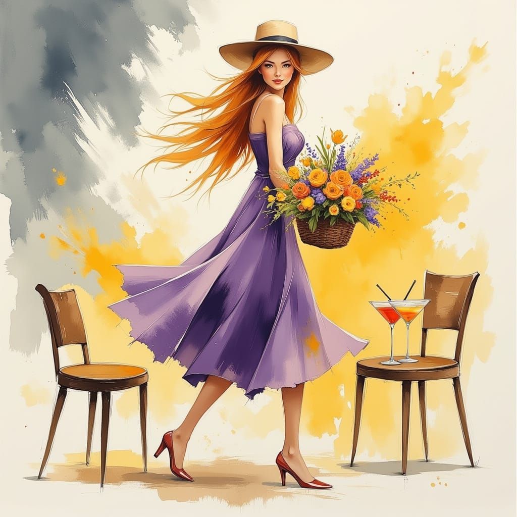 Woman with Wildflower Basket in Abstract Realism Style