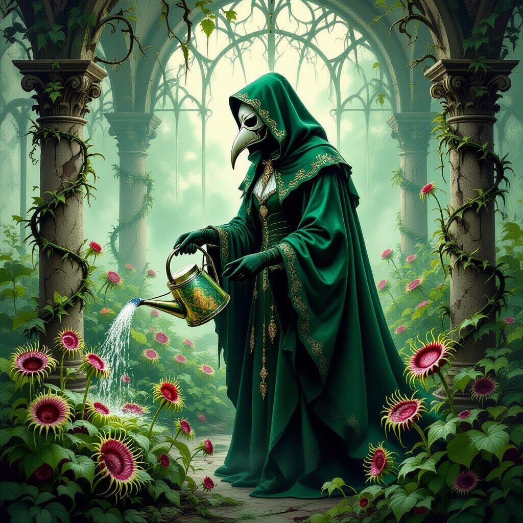 Gothic Plague Doctor's Twisted Botanical Garden in Oils