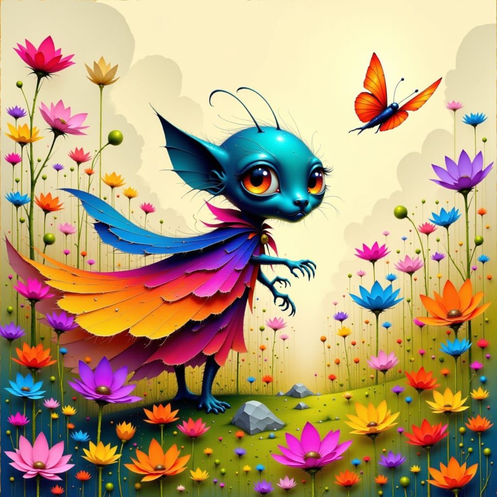 Alien Creature Chasing Butterfly, Dreamlike Art