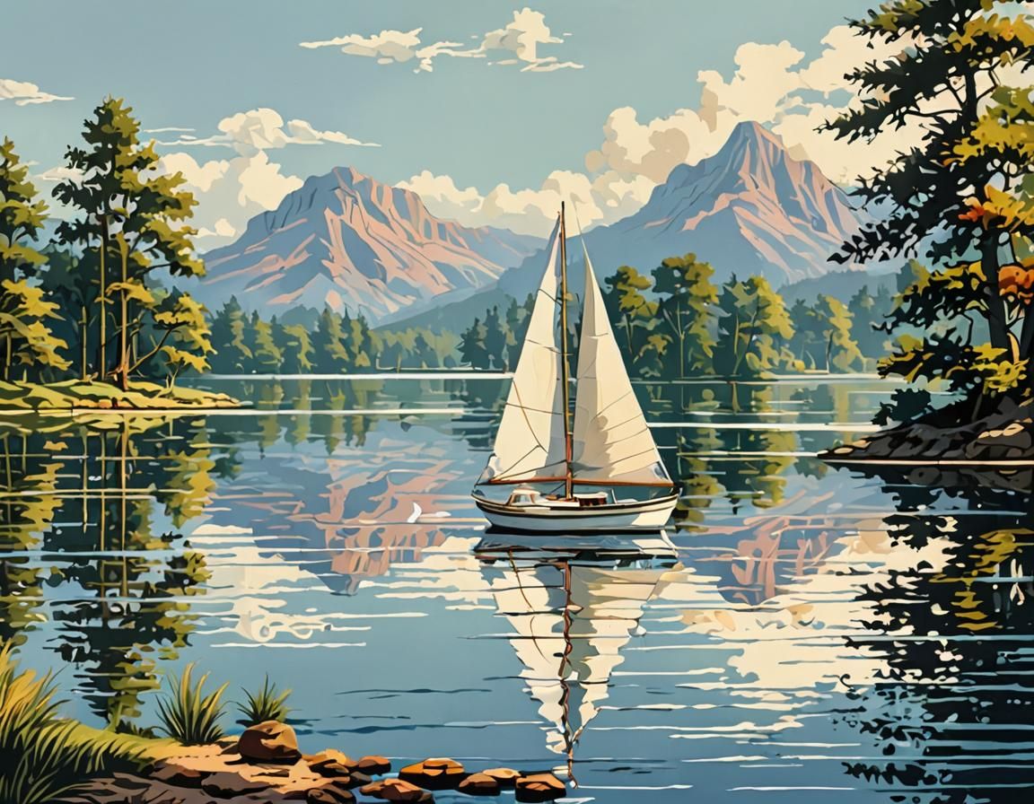 Paint-by-number Style Painting of a Sailboat on a Lake